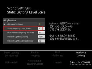 World Settings:
Static Lighting Level Scale
SLLS = 1.5 SLLS = 0.5
SLLSを変えることで、例えば、Irradiance Cacheの半径が小
さくなりサンプルが増えます。
が、そ...