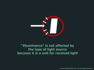 “Illuminance” is not affected by
the type of light source
because it is a unit for received light
© 2016 SQUARE ENIX CO., LTD. All Rights Reserved.
 