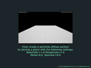 First, create a perfectly diffuse surface
by placing a plane with the following settings:
BaseColor＝1.0 Roughness=1.0
Metal=0.0 Specular=0.0
© 2016 SQUARE ENIX CO., LTD. All Rights Reserved.
 