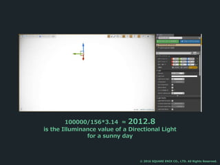 100000/156*3.14 ≈ 2012.8
is the Illuminance value of a Directional Light
for a sunny day
© 2016 SQUARE ENIX CO., LTD. All Rights Reserved.
 