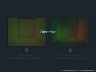 Emissive Light
Very poor PLV accuracy
© 2016 SQUARE ENIX CO., LTD. All Rights Reserved.
Static Light
Direct light stored in PLV
Therefore
 