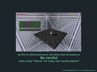 As PLV is referenced more, the draw cost increases so
Be careful
when using “Volume” for large, fast-moving objects!
© 2016 SQUARE ENIX CO., LTD. All Rights Reserved.
 