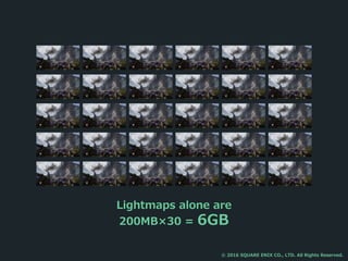 Lightmaps alone are
200MB×30 = 6GB
© 2016 SQUARE ENIX CO., LTD. All Rights Reserved.
 