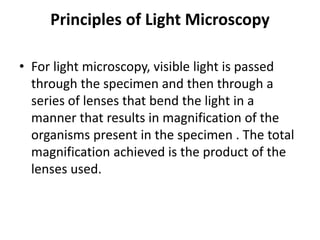 Principles of Light Microscopy
• For light microscopy, visible light is passed
through the specimen and then through a
series of lenses that bend the light in a
manner that results in magnification of the
organisms present in the specimen . The total
magnification achieved is the product of the
lenses used.
 