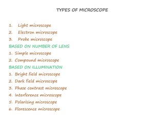 TYPES OF MICROSCOPE
1. Light microscope
2. Electron microscope
3. Probe microscope
BASED ON NUMBER OF LENS
1. Simple microscope
2. Compound microscope
BASED ON ILLUMINATION
1. Bright field microscope
2. Dark field microscope
3. Phase contrast microscope
4. Interference microscope
5. Polarising microscope
6. Florescence microscope
 