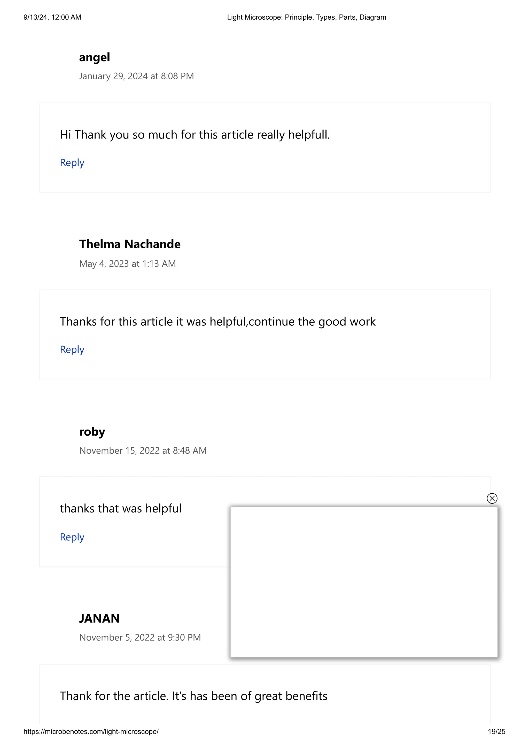 9/13/24, 12:00 AM Light Microscope: Principle, Types, Parts, Diagram
https://microbenotes.com/light-microscope/ 19/25
angel
January 29, 2024 at 8:08 PM
Hi Thank you so much for this article really helpfull.
Reply
Thelma Nachande
May 4, 2023 at 1:13 AM
Thanks for this article it was helpful,continue the good work
Reply
roby
November 15, 2022 at 8:48 AM
thanks that was helpful
Reply
JANAN
November 5, 2022 at 9:30 PM
Thank for the article. It’s has been of great benefits
 