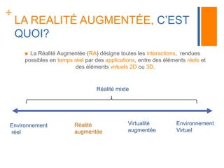+ 
LA REALITÉ AUGMENTÉE, C’EST 
QUOI? 
 La Réalité Augmentée (RA) désigne toutes les interactions, rendues 
possibles en temps réel par des applications, entre des éléments réels et 
des éléments virtuels 2D ou 3D. 
Environnement 
réel 
Réalité mixte 
Virtualité 
augmentée 
Environnement 
Virtuel 
Réalité 
augmentée 
 