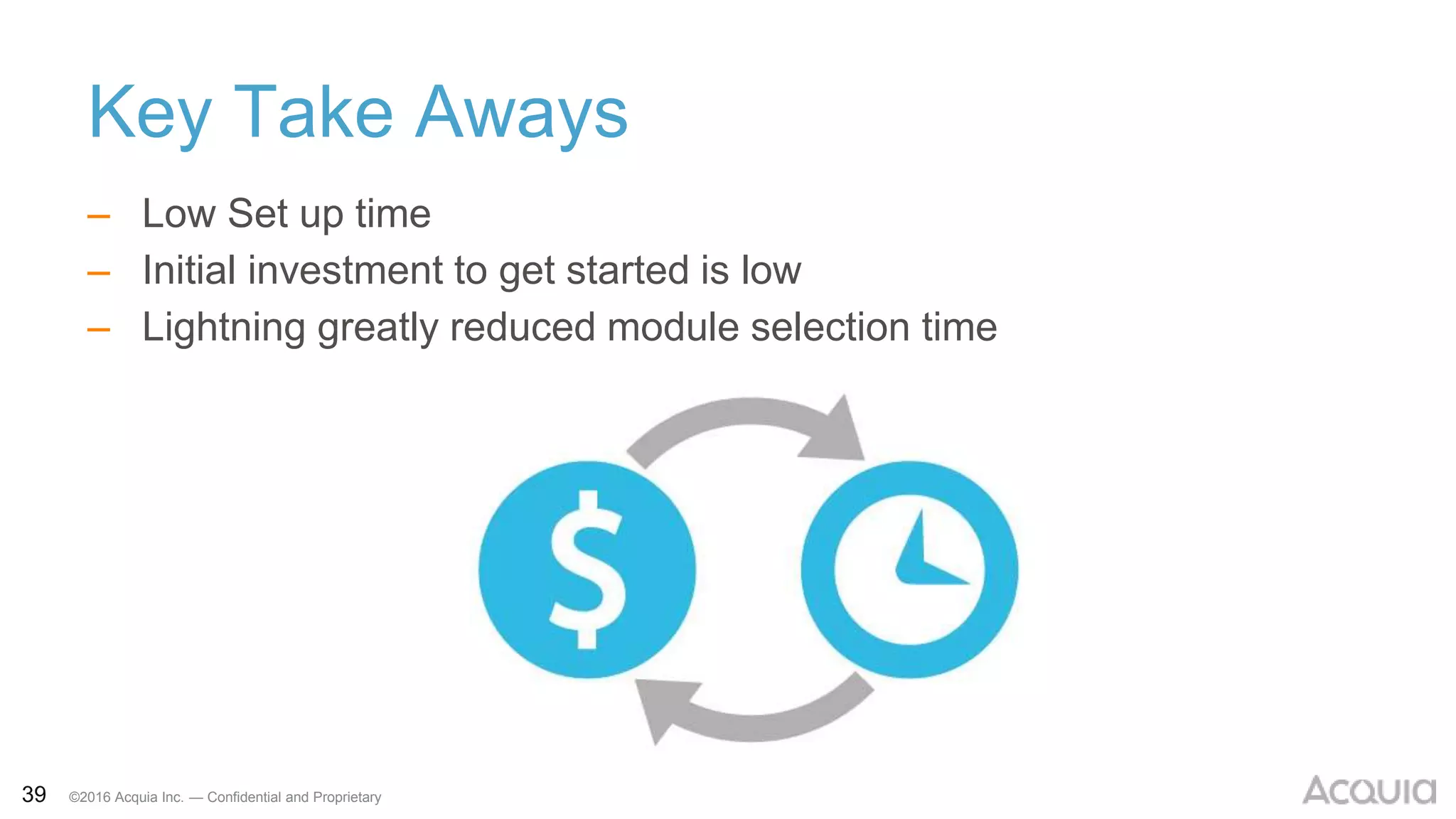 39 ©2016 Acquia Inc. — Confidential and Proprietary
Key Take Aways
– Low Set up time
– Initial investment to get started is low
– Lightning greatly reduced module selection time
 