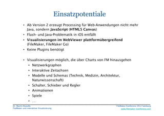 FileMaker Konferenz2010	


                                             Einsatzpotentiale
           •  Ab Version 2 erzeugt Processing für Web-Anwendungen nicht mehr
              Java, sondern JavaScript (HTML5 Canvas)
           •  Flash- und Java-Problematik in iOS entfällt
           •  Visualisierungen im WebViewer plattformübergreifend
              (FileMaker, FileMaker Go)
           •  Keine Plugins benötigt


           •  Visualisierungen möglich, die über Charts von FM hinausgehen
                 •  Netzwerkgraphen
                 •  Interaktive Zeitachsen
                 •  Modelle und Schemas (Technik, Medizin, Architektur,
                    Naturwissenschaft)
                 •  Schalter, Schieber und Regler
                 •  Animationen
                 •  Spiele
                 •  …
 Dr. Martin Brändle
                                                FileMaker Konferenz 2012 Salzburg
                                                                                                     


 FileMaker und interaktive Visualisierung
                               www.ﬁlemaker-konferenz.com
 