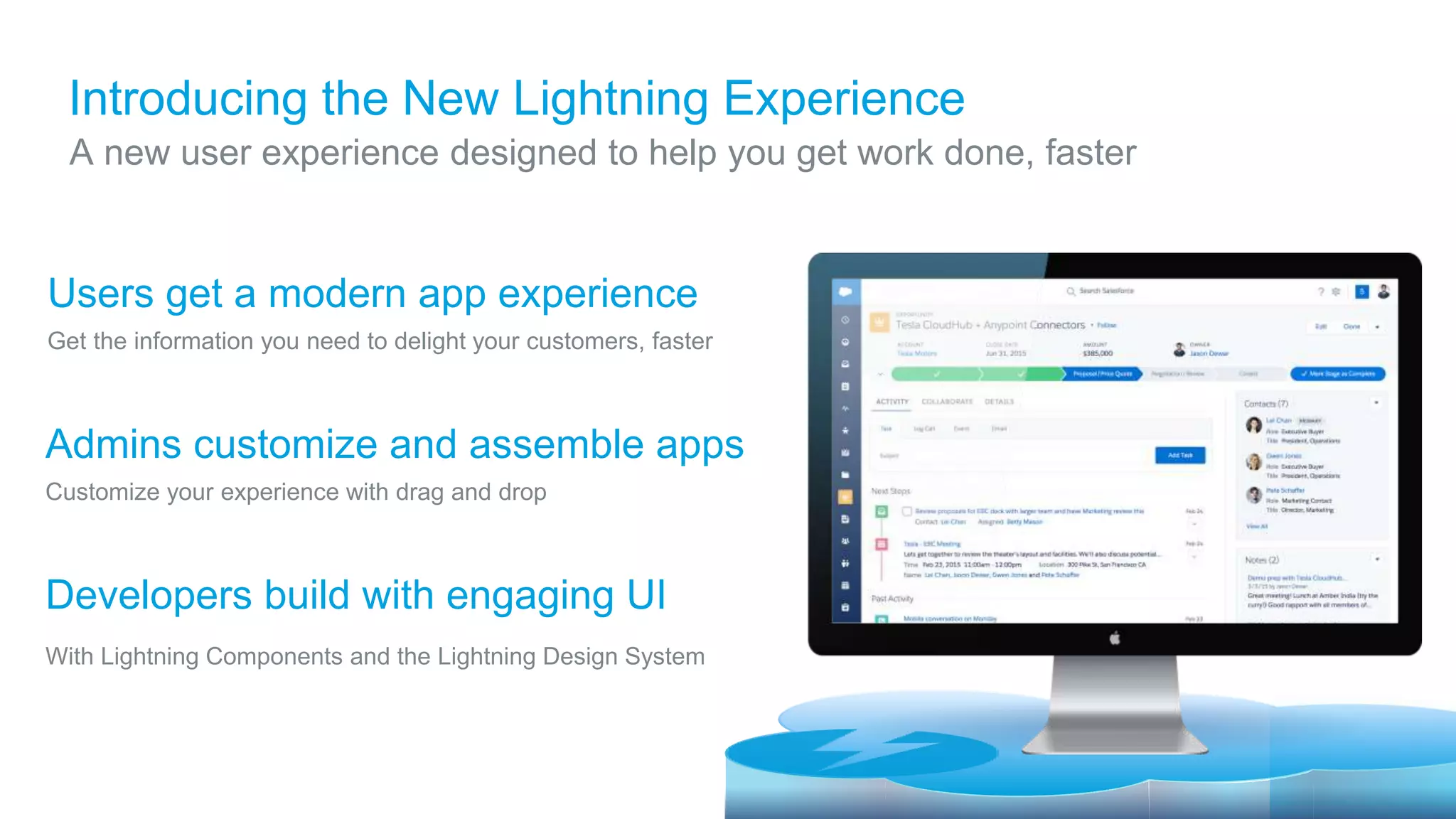 A new user experience designed to help you get work done, faster Users get a modern app experience Get the information you need to delight your customers, faster Admins customize and assemble apps Customize your experience with drag and drop Developers build with engaging UI With Lightning Components and the Lightning Design System Introducing the New Lightning Experience 