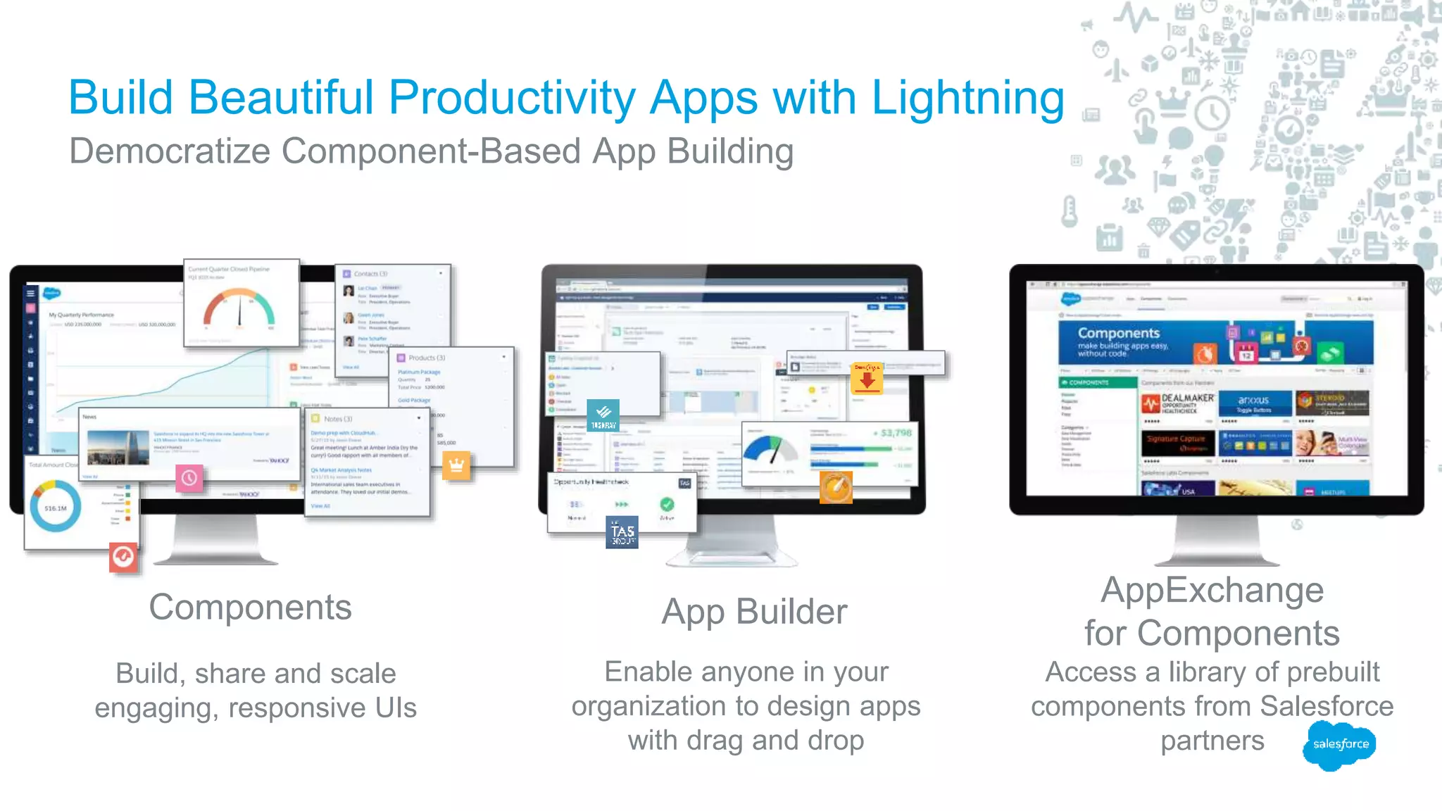Build Beautiful Productivity Apps with Lightning Democratize Component-Based App Building Components App Builder AppExchange for Components Build, share and scale engaging, responsive UIs Enable anyone in your organization to design apps with drag and drop Access a library of prebuilt components from Salesforce partners 