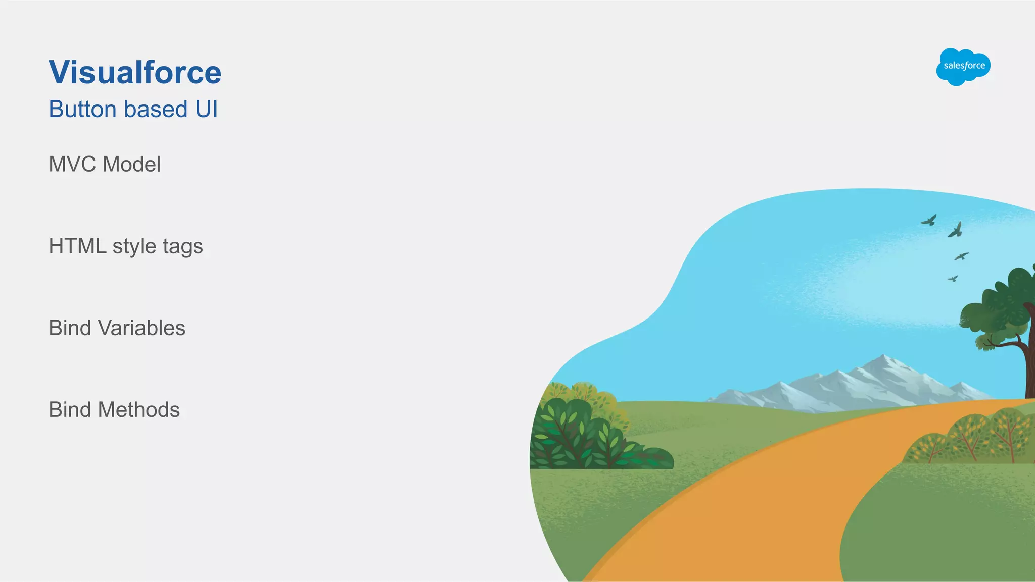 MVC Model
HTML style tags
Bind Variables
Bind Methods
Button based UI
Visualforce
 
