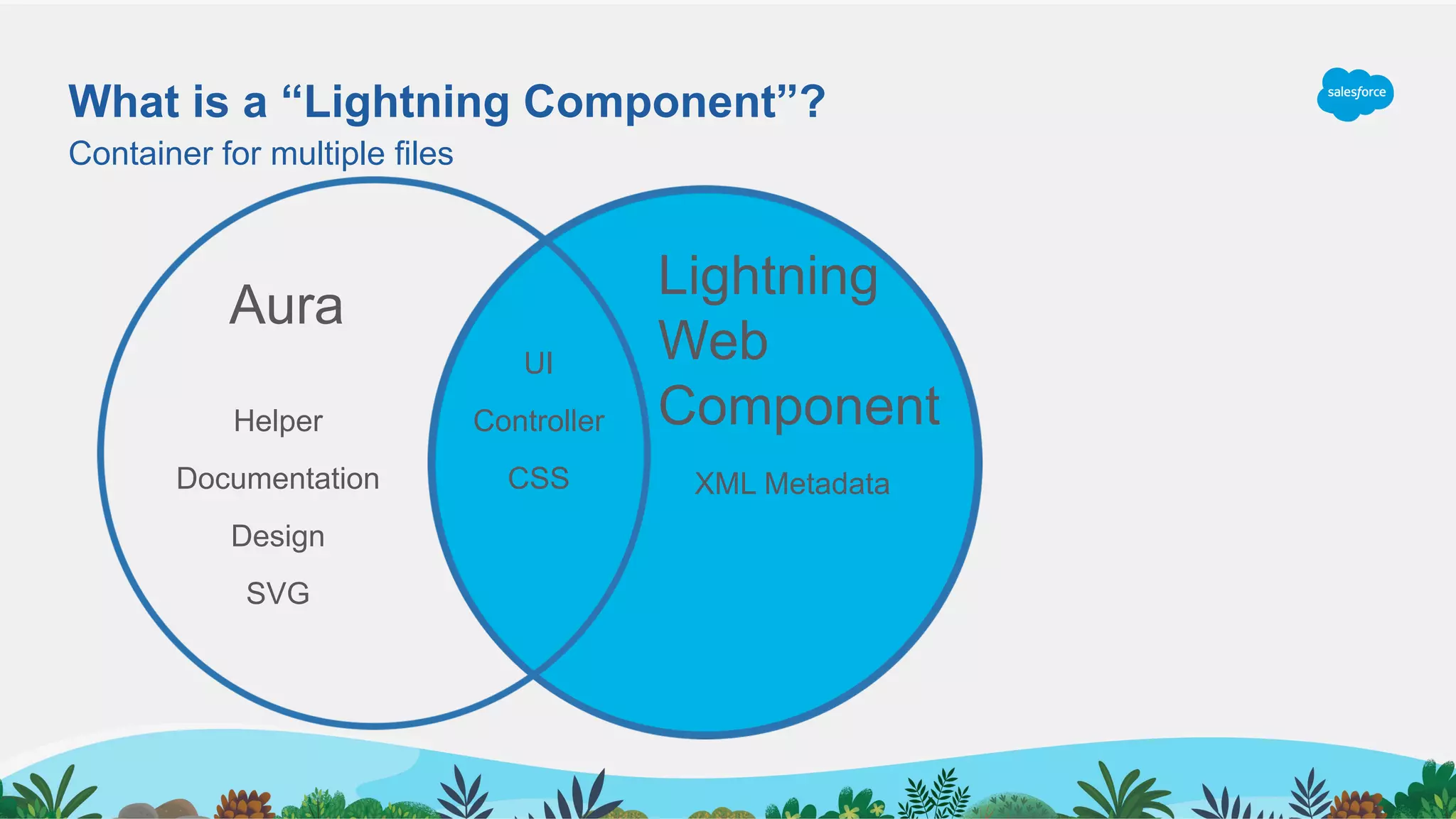What is a “Lightning Component”?
Container for multiple files
Aura
Lightning
Web
Component
UI
Controller
CSS XML Metadata
Helper
Documentation
Design
SVG
 