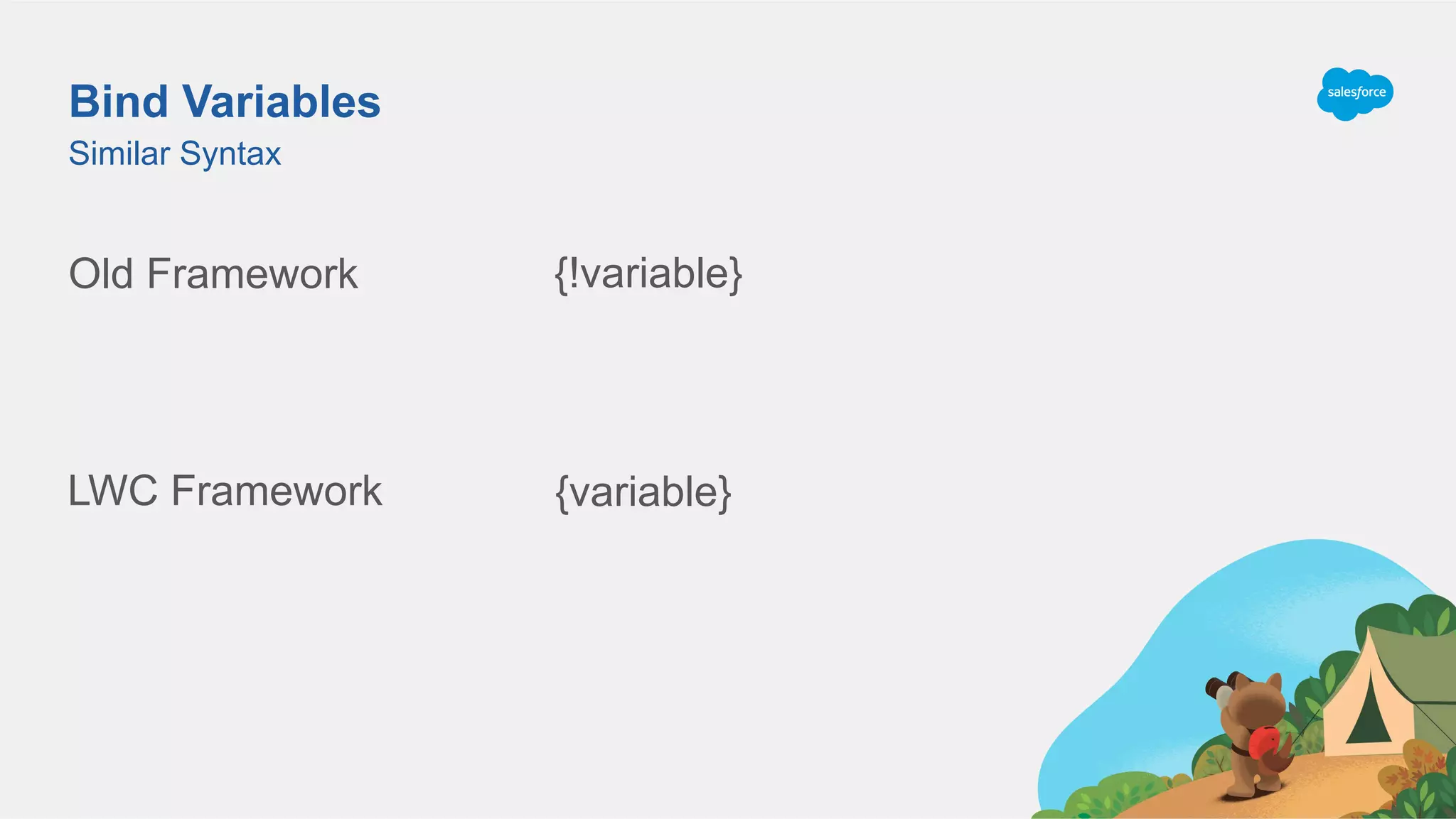 Bind Variables
Old Framework
Similar Syntax
{!variable}
LWC Framework {variable}
 