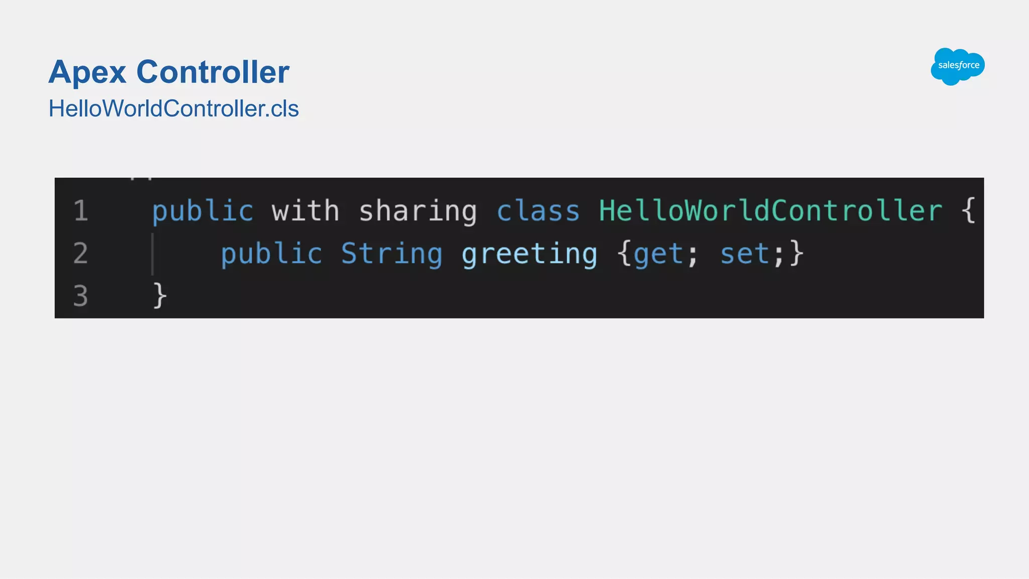 HelloWorldController.cls
Apex Controller
 
