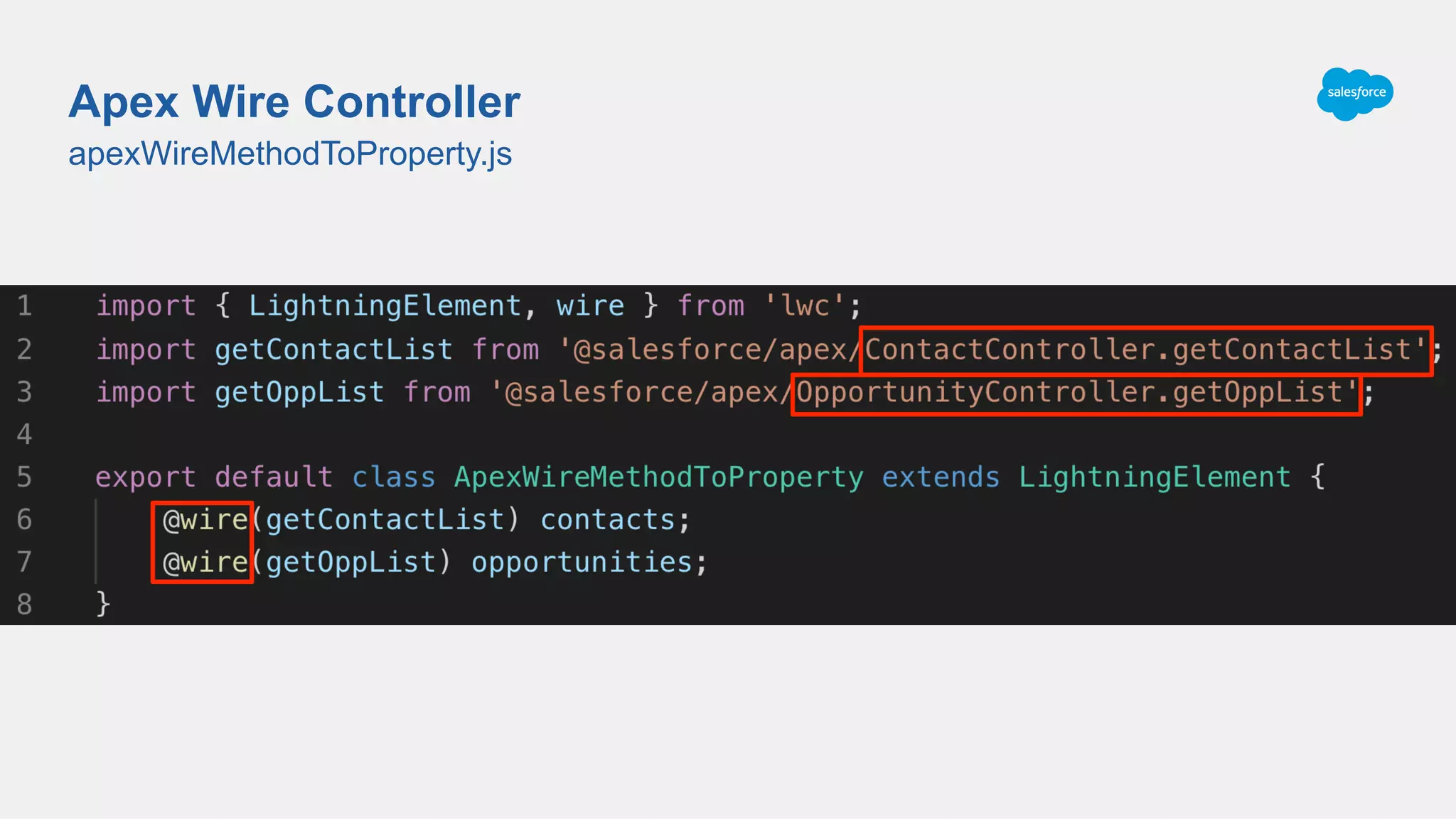 apexWireMethodToProperty.js
Apex Wire Controller
 