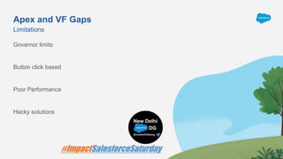 Governor limits
Button click based
Poor Performance
Hacky solutions
Limitations
Apex and VF Gaps
 