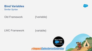 Bind Variables
Old Framework
Similar Syntax
{!variable}
LWC Framework {variable}
 