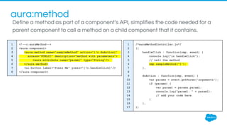 aura:method
1
2
3
4
5
6
7
8
<!--c:auraMethod-->
<aura:component>
<aura:method name="sampleMethod" action="{!c.doAction}"
access="PUBLIC" description="method with parameters">
<aura:attribute name="param1" type="String"/>
</aura:method>
<ui:button label="Press Me" press="{!c.handleClick}"/>
</aura:component>
1
2
3
4
5
6
7
8
9
10
11
12
13
14
15
16
17
/*auraMethodController.js*/
({
handleClick : function(cmp, event) {
console.log("in handleClick");
// call the method
cmp.sampleMethod("1");
},
doAction : function(cmp, event) {
var params = event.getParam('arguments');
if (params) {
var param1 = params.param1;
console.log("param1: " + param1);
// add your code here
}
},
})
Define a method as part of a component's API, simplifies the code needed for a
parent component to call a method on a child component that it contains.
 