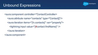 <aura:component controller="ContactController>
<aura:attribute name="contacts" type="Contact[]"/>
<aura:iteration items="{!v.contacts}" var="property">
<lightning:input value="{#contact.firstName}" />
</aura:iteration>
</aura:component>
Unbound Expressions
 