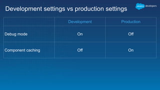 Development settings vs production settings
Development Production
Debug mode On Off
Component caching Off On
 