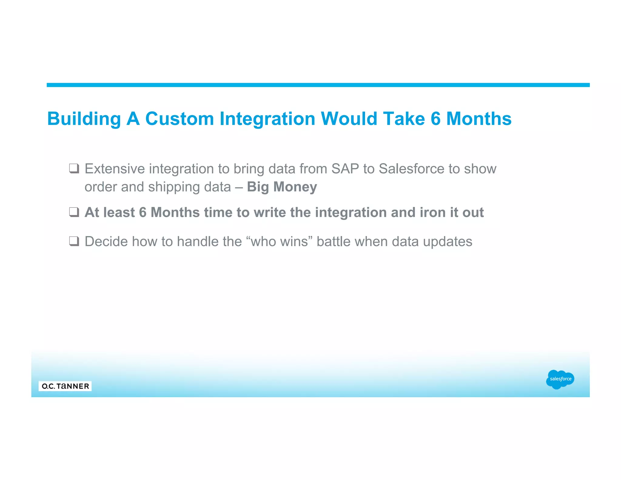 Building A Custom Integration Would Take 6 Months ❑  Extensive integration to bring data from SAP to Salesforce to show order and shipping data – Big Money ❑  At least 6 Months time to write the integration and iron it out ❑  Decide how to handle the “who wins” battle when data updates 