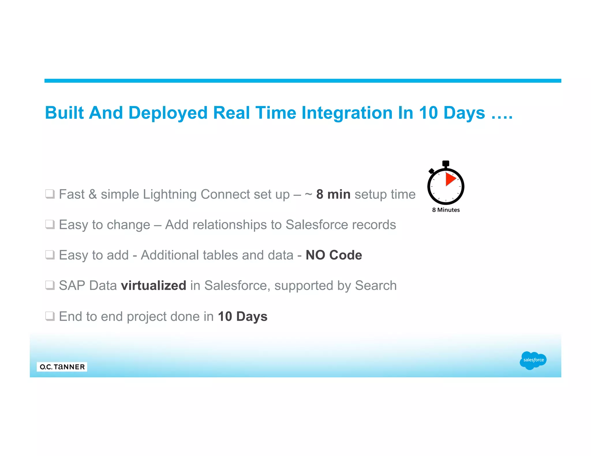 Built And Deployed Real Time Integration In 10 Days …. ❑ Fast & simple Lightning Connect set up – ~ 8 min setup time ❑ Easy to change – Add relationships to Salesforce records ❑ Easy to add - Additional tables and data - NO Code ❑ SAP Data virtualized in Salesforce, supported by Search ❑ End to end project done in 10 Days 