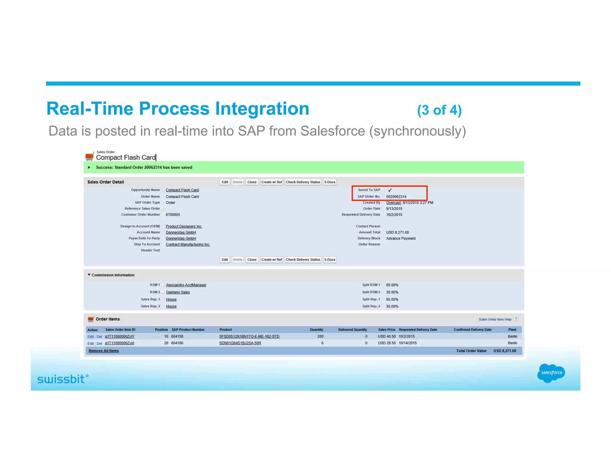 Data is posted in real-time into SAP from Salesforce (synchronously) Real-Time Process Integration (3 of 4) 
