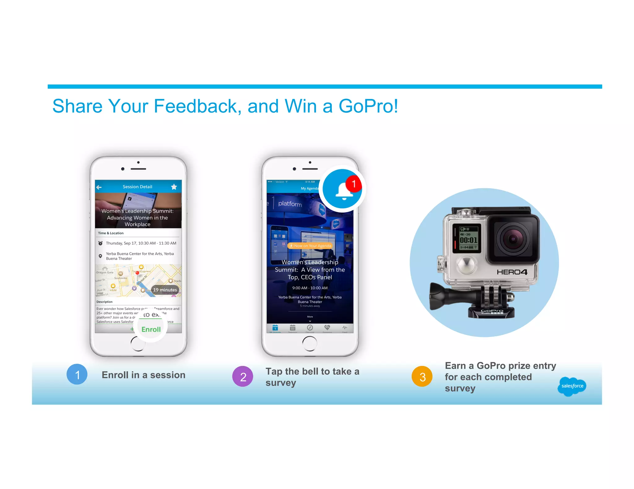 Share Your Feedback, and Win a GoPro! 3 Earn a GoPro prize entry for each completed survey Tap the bell to take a survey2Enroll in a session1 