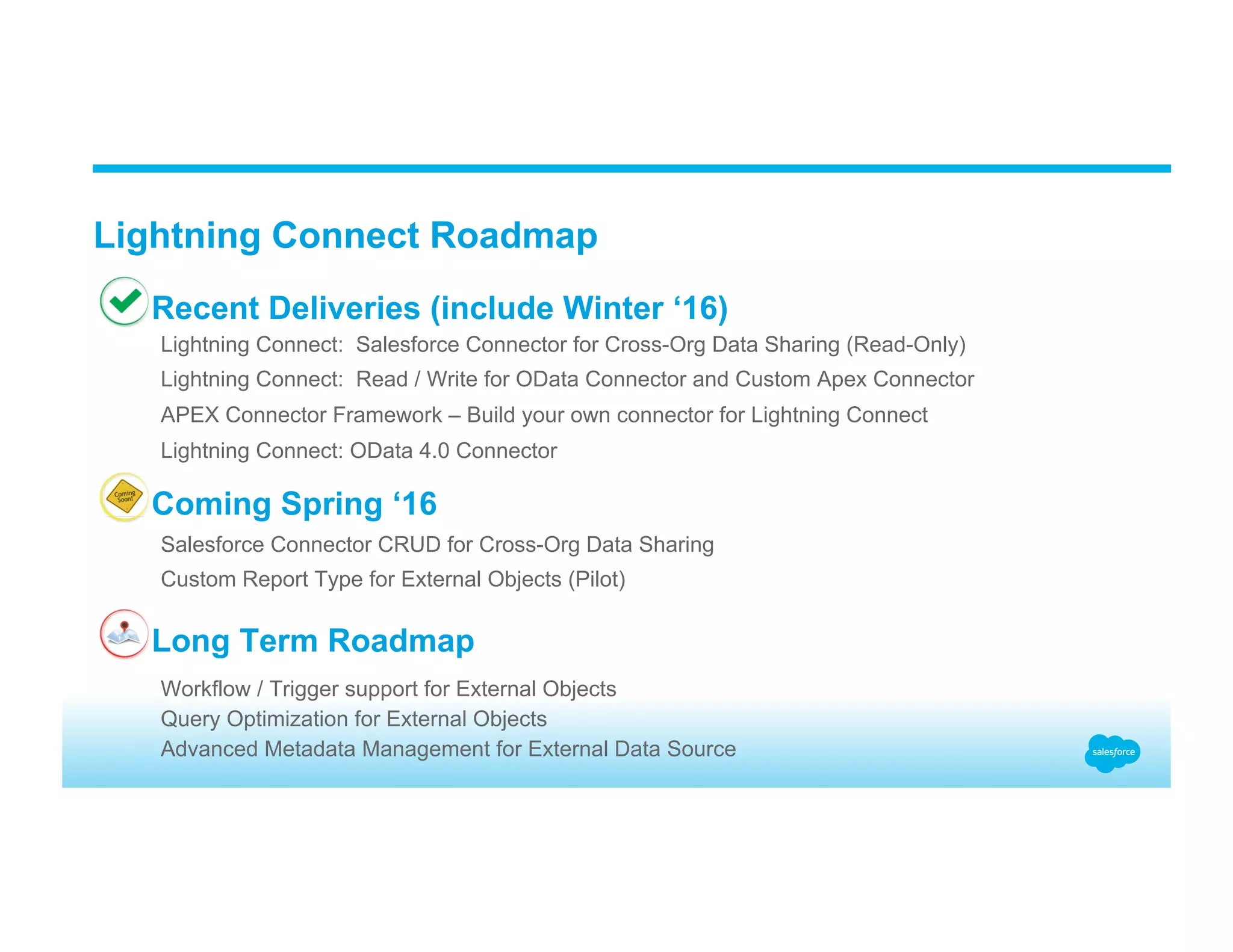 Lightning Connect Roadmap Recent Deliveries (include Winter ‘16) Long Term Roadmap Coming Spring ‘16 Lightning Connect: Salesforce Connector for Cross-Org Data Sharing (Read-Only) Lightning Connect: Read / Write for OData Connector and Custom Apex Connector APEX Connector Framework – Build your own connector for Lightning Connect Lightning Connect: OData 4.0 Connector Salesforce Connector CRUD for Cross-Org Data Sharing Custom Report Type for External Objects (Pilot) Workflow / Trigger support for External Objects Query Optimization for External Objects Advanced Metadata Management for External Data Source 