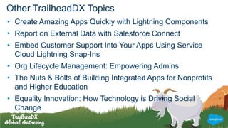 Other TrailheadDX Topics
• Create Amazing Apps Quickly with Lightning Components
• Report on External Data with Salesforce Connect
• Embed Customer Support Into Your Apps Using Service
Cloud Lightning Snap-Ins
• Org Lifecycle Management: Empowering Admins
• The Nuts & Bolts of Building Integrated Apps for Nonprofits
and Higher Education
• Equality Innovation: How Technology is Driving Social
Change
 