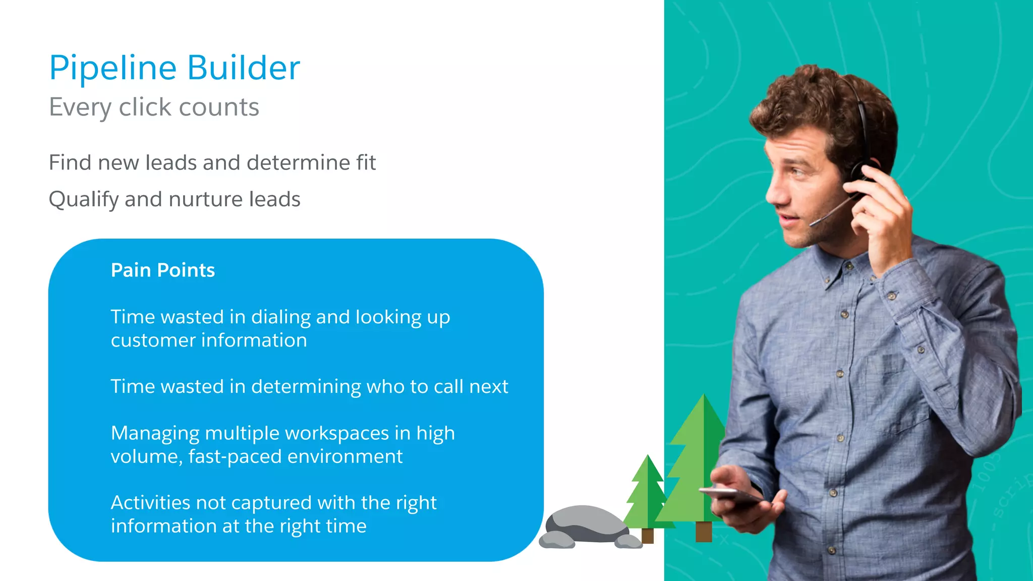 Pipeline Builder
Every click counts
​Find new leads and determine fit
​Qualify and nurture leads
Pain Points
Time wasted in dialing and looking up
customer information
Time wasted in determining who to call next
Managing multiple workspaces in high
volume, fast-paced environment
Activities not captured with the right
information at the right time
 