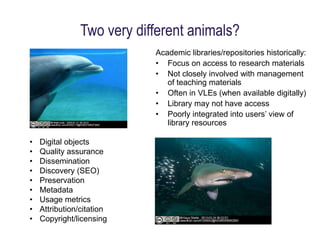 Two very different animals?
                            Academic libraries/repositories historically:
                            • Focus on access to research materials
                            • Not closely involved with management
                               of teaching materials
                            • Often in VLEs (when available digitally)
                            • Library may not have access
                            • Poorly integrated into users’ view of
                               library resources

•   Digital objects
•   Quality assurance
•   Dissemination
•   Discovery (SEO)
•   Preservation
•   Metadata
•   Usage metrics
•   Attribution/citation
•   Copyright/licensing
 