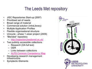 The Leeds Met repository
•   JISC Repositories Start-up (2007)
•   Prioritised set of needs
•   Broad range of material
• ...