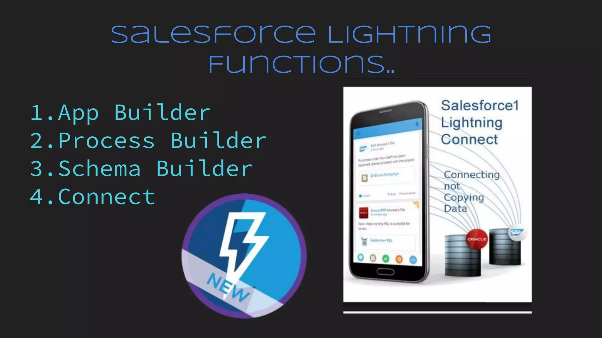 Salesforce Lightning
Functions..
1.App Builder
2.Process Builder
3.Schema Builder
4.Connect
 