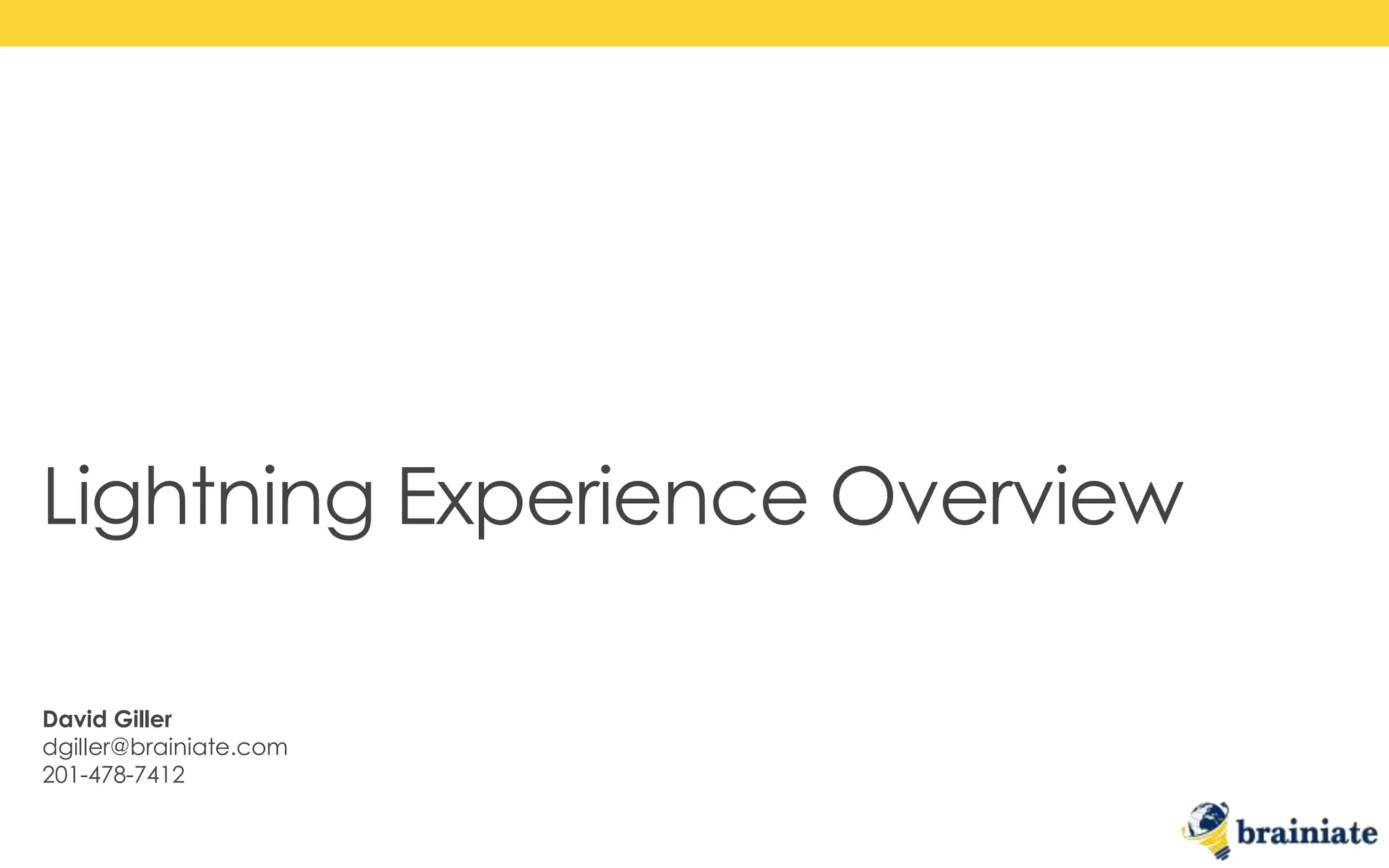David Giller
dgiller@brainiate.com
201-478-7412
Lightning Experience Overview
 
