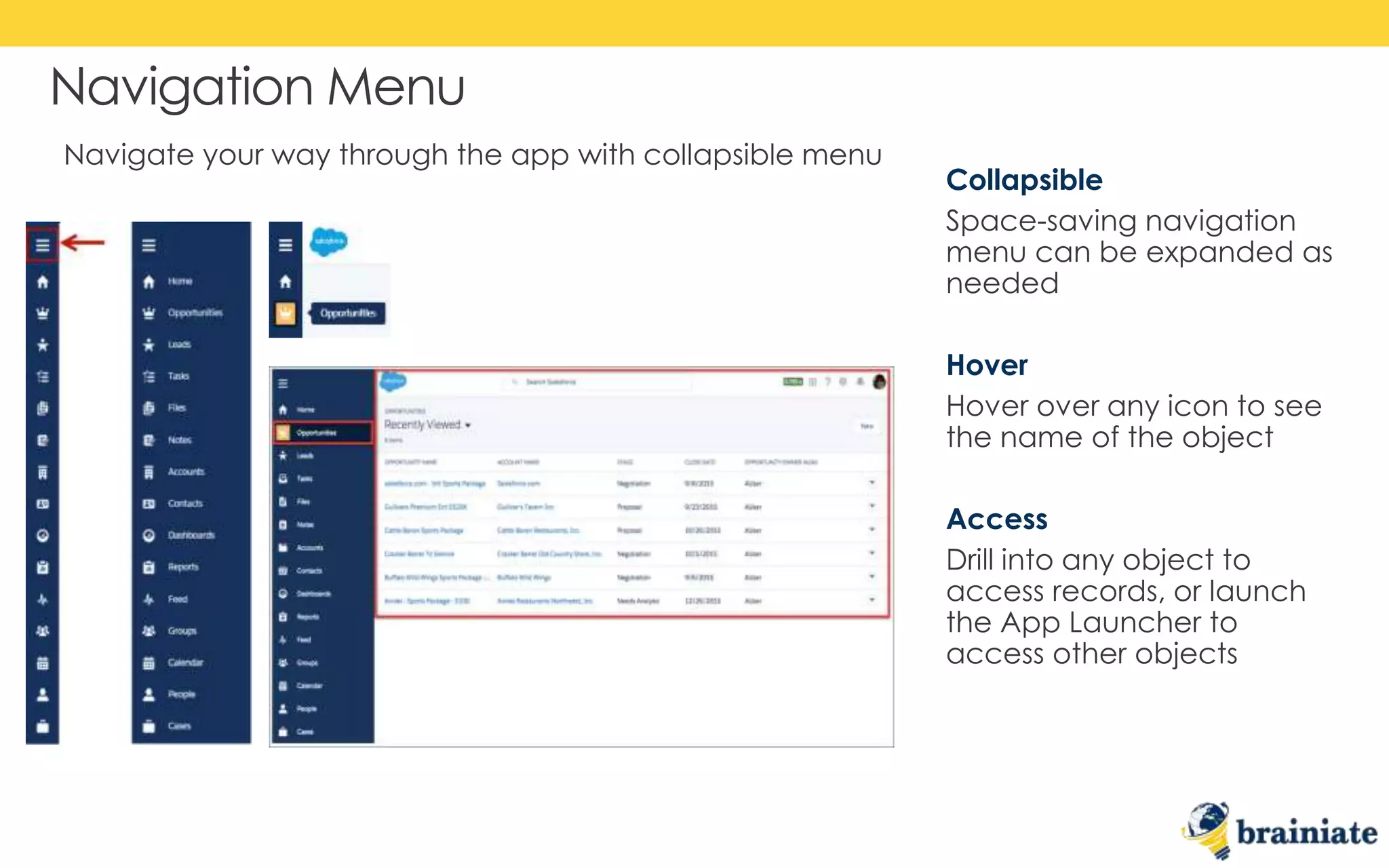 Navigation Menu
Collapsible
Space-saving navigation
menu can be expanded as
needed
Hover
Hover over any icon to see
the name of the object
Access
Drill into any object to
access records, or launch
the App Launcher to
access other objects
Navigate your way through the app with collapsible menu
 