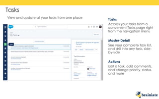 Tasks
Tasks
Access your tasks from a
convenient Tasks page right
from the navigation menu
Master-Detail
See your complete task list,
and drill into any task, side-
by-side
Actions
Edit a task, add comments,
and change priority, status,
and more
View and update all your tasks from one place
 