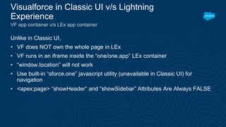 Unlike in Classic UI,
• VF does NOT own the whole page in LEx
• VF runs in an iframe inside the “one/one.app” LEx container
• “window.location” will not work
• Use built-in “sforce.one” javascript utility (unavailable in Classic UI) for
navigation
• <apex:page> “showHeader” and “showSidebar” Attributes Are Always FALSE
Visualforce in Classic UI v/s Lightning
Experience
VF app container v/s LEx app container
 