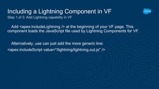 Add <apex:includeLightning /> at the beginning of your VF page. This
component loads the JavaScript file used by Lightning Components for VF.
Alternatively, use can just add the more generic line:
<apex:includeScript value="/lightning/lightning.out.js" />
Including a Lightning Component in VF
Step 1 of 3: Add Lightning capability in VF
 