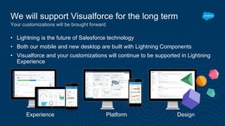 • Lightning is the future of Salesforce technology
• Both our mobile and new desktop are built with Lightning Components
• Visualforce and your customizations will continue to be supported in Lightning
Experience
Experience Platform Design
We will support Visualforce for the long term
Your customizations will be brought forward
 