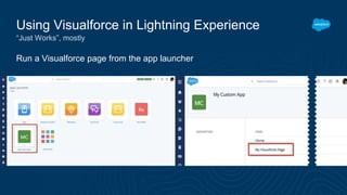 Run a Visualforce page from the app launcher
Using Visualforce in Lightning Experience
“Just Works”, mostly
 