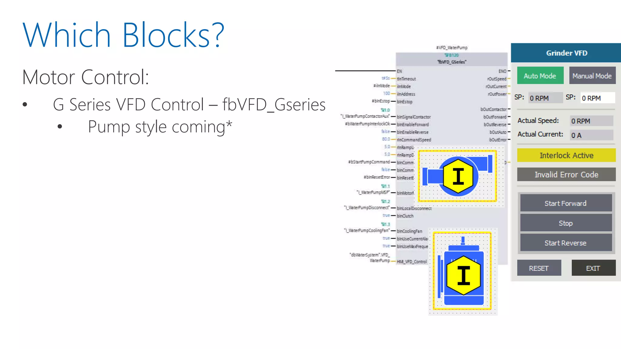 Motor Control:
• G Series VFD Control – fbVFD_Gseries
• Pump style coming*
Which Blocks?
 