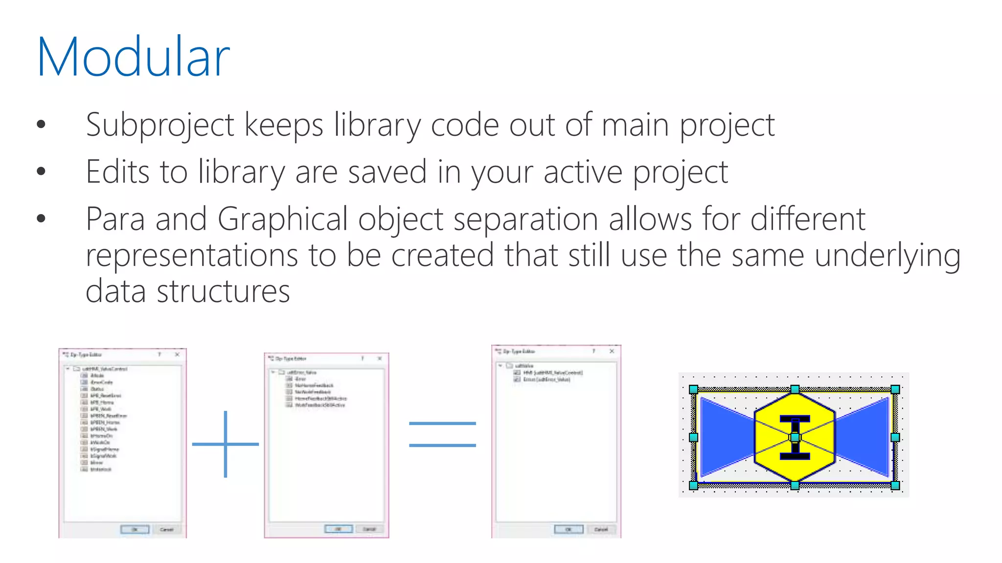 • Subproject keeps library code out of main project
• Edits to library are saved in your active project
• Para and Graphical object separation allows for different
representations to be created that still use the same underlying
data structures
Modular
 