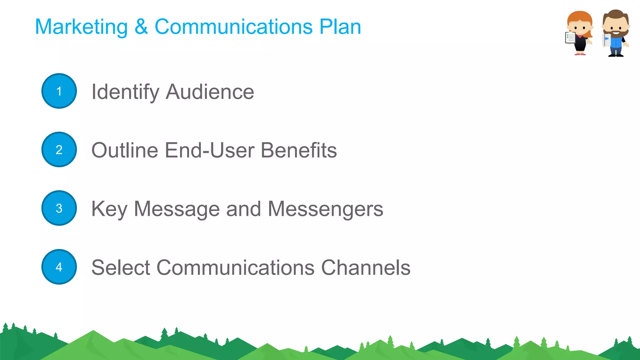 Marketing & Communications Plan
Identify Audience
Outline End-User Benefits
Key Message and Messengers
Select Communications Channels
1
2
3
4
 