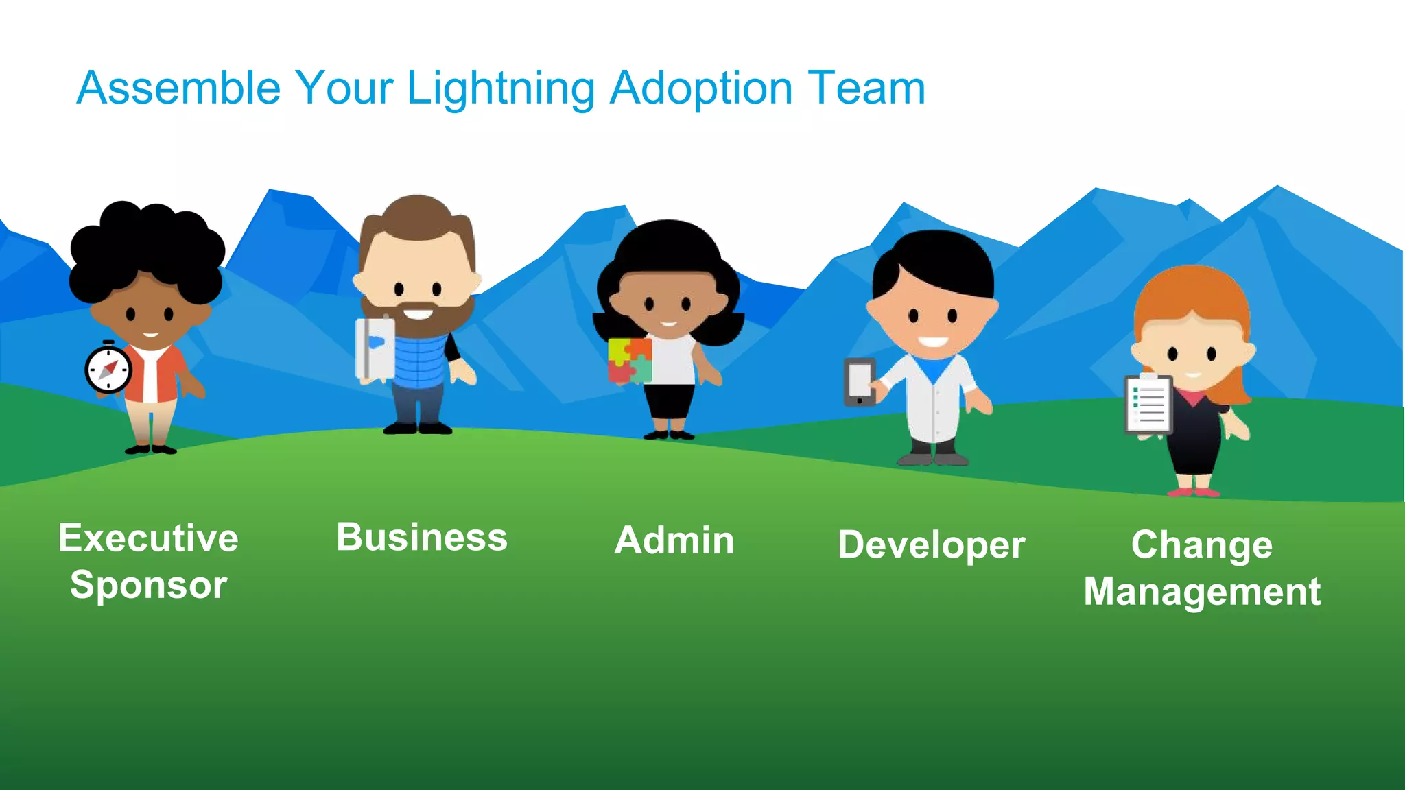 Assemble Your Lightning Adoption Team
Executive
Sponsor
Business Admin Developer Change
Management
 