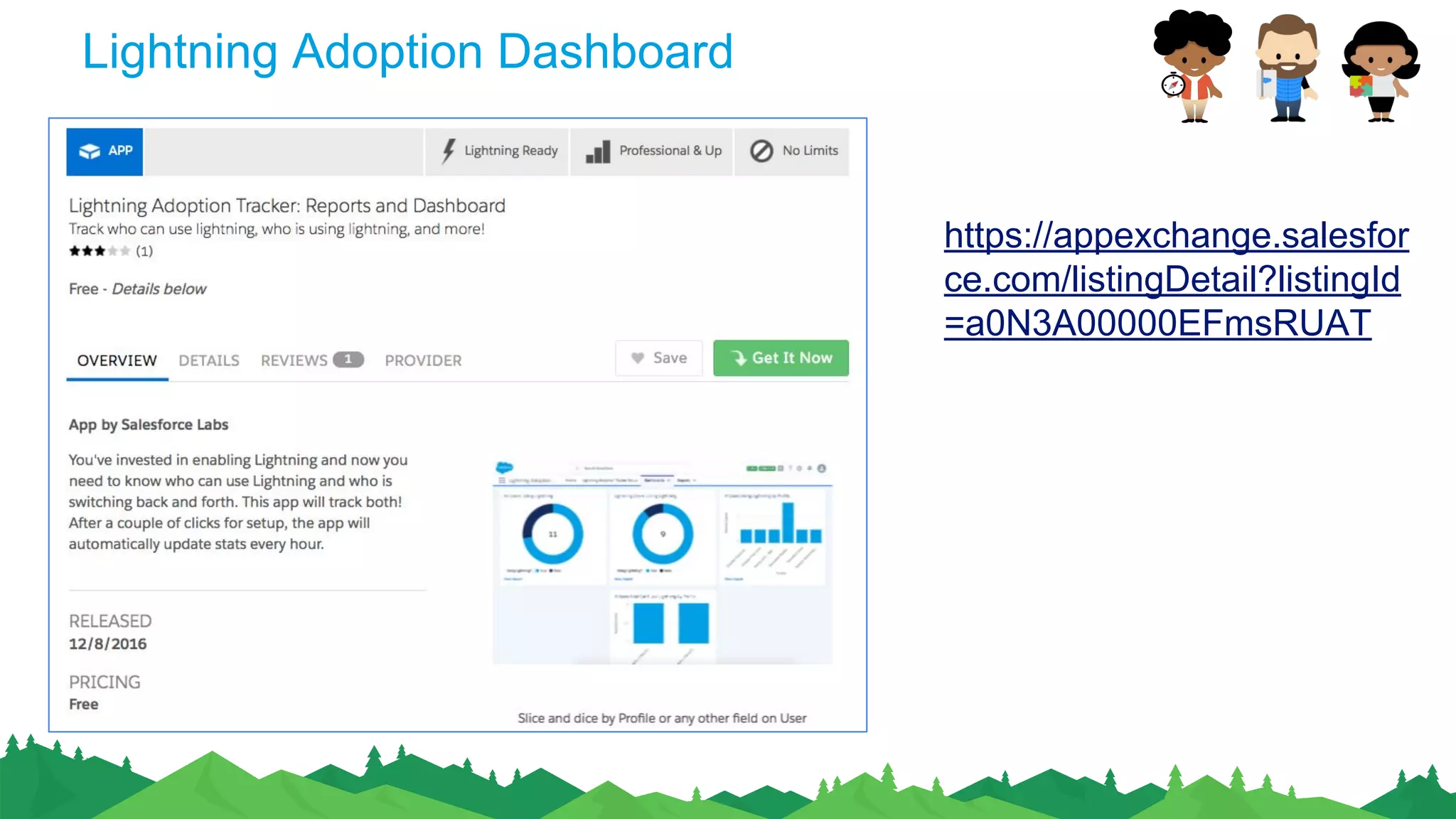 Lightning Adoption Dashboard
https://appexchange.salesfor
ce.com/listingDetail?listingId
=a0N3A00000EFmsRUAT
 