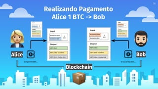16
Realizando Pagamento
Alice 1 BTC -> Bob
Blockchain
Alice Bob
bc1qpkm0c685l… bc1acae1dqc665l….
 