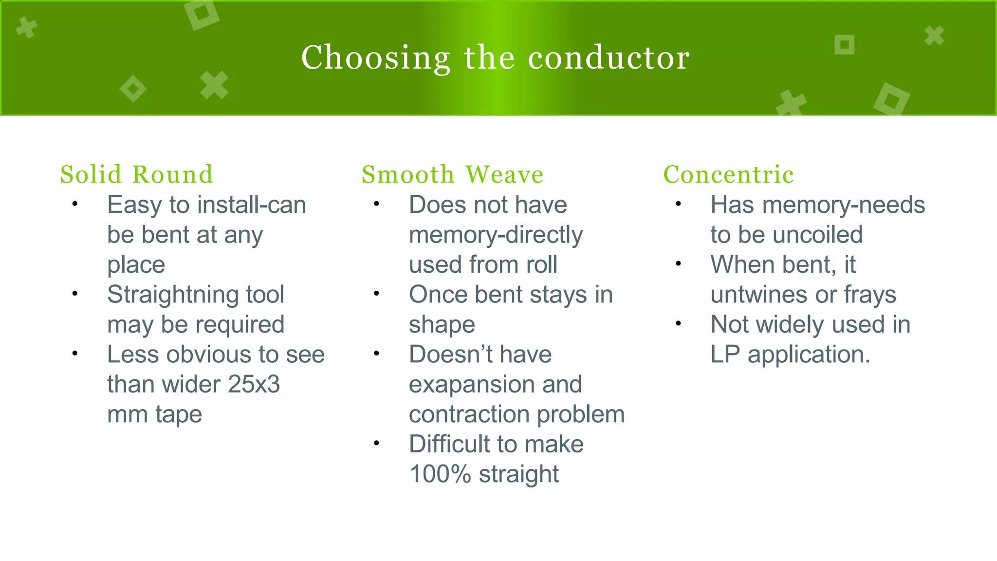 Choosing the conductor
Solid Round
●
●
●
Easy to install-can
be bent at any
place
Straightning tool
may be required
Less obvious to see
than wider 25x3
mm tape
Smooth Weave
●
●
●
●
Does not have
memory-directly
used from roll
Once bent stays in
shape
Doesn’t have
exapansion and
contraction problem
Difficult to make
100% straight
Concentric
●
●
●
Has memory-needs
to be uncoiled
When bent, it
untwines or frays
Not widely used in
LP application.
 