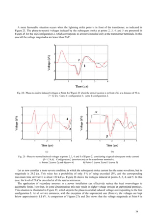 A more favourable situation occurs when the lightning strike point is in front of the transformer, as indicated in
Figure 23. The phase-to-neutral voltages induced by the subsequent stroke at points 2, 3, 4, and 5 are presented in
Figure 25 for the line configuration 2, which corresponds to arresters installed only at the transformer terminals. In this
case all the voltage magnitudes are lower than 2 kV.
Fig. 24 - Phase-to-neutral induced voltages at Point 4 of Figure 23 when the stroke location is in front of it, at a distance of 50 m.
I = 12 kA. Curve 1: configuration 1; curve 2: configuration 2.
(a) (b)
Fig. 25 - Phase-to-neutral induced voltages at points 2, 3, 4, and 5 of Figure 23 considering a typical subsequent stroke current
(I = 12 kA). Configuration 2 (arresters only at the transformer terminals).
a) Points 2 (curve 2) and 4 (curve 4) b) Points 3 (curve 3) and 5 (curve 5)
Let us now consider a more severe condition, in which the subsequent stroke current has the same waveform, but its
magnitude is 29.2 kA. This value has a probability of only 5 % of being exceeded [59], and the corresponding
maximum time derivative is about 120 kA/µs. Figure 26 shows the voltages induced at points 2, 3, 4, and 5. In this
case, the level of 2 kV is exceeded at all the service entrances.
The application of secondary arresters to a power installation can effectively reduce the local overvoltages to
acceptable limits. However, in some circumstances this may result in higher voltage stresses at unprotected premises.
This situation is illustrated in Figure 27, which depicts the phase-to-neutral induced voltages corresponding to the line
configuration 3. At all service entrances, with the exception of the unprotected one (Point 4), the voltages are kept
below approximately 1.1 kV. A comparison of Figures 27a and 26a shows that the voltage magnitude at Point 4 is
24
 